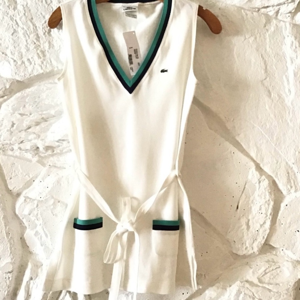 Lacoste White Sleeveless V-Neck Tennis Top with Green Trim